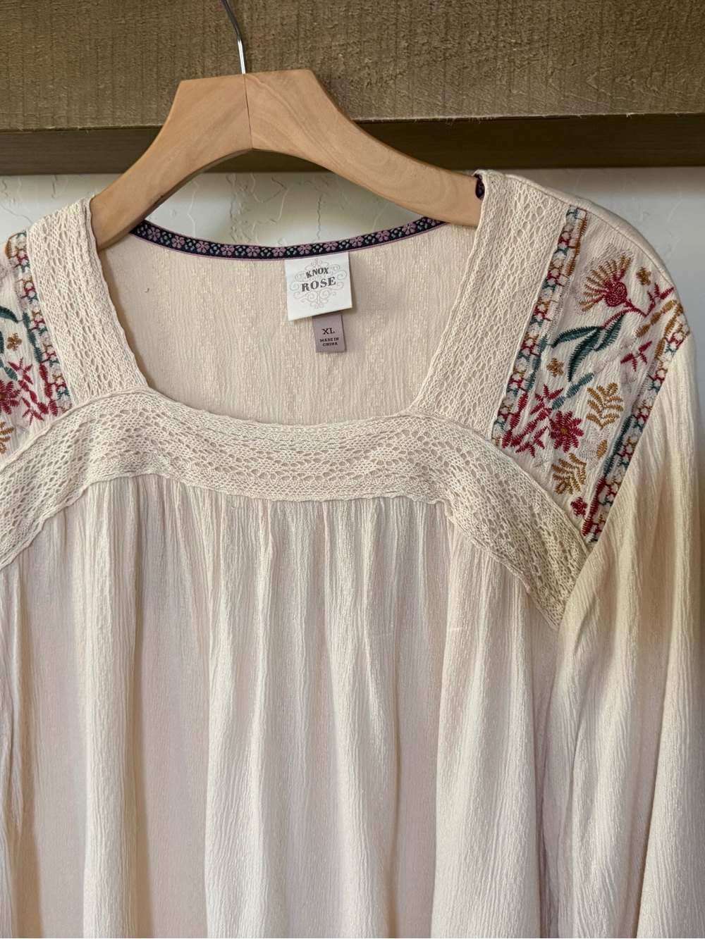 Knox Rose|Boho Cream floral Embroidered Long-Sleeve Peasant Blouse,crotchet••• - Picture 5 of 13